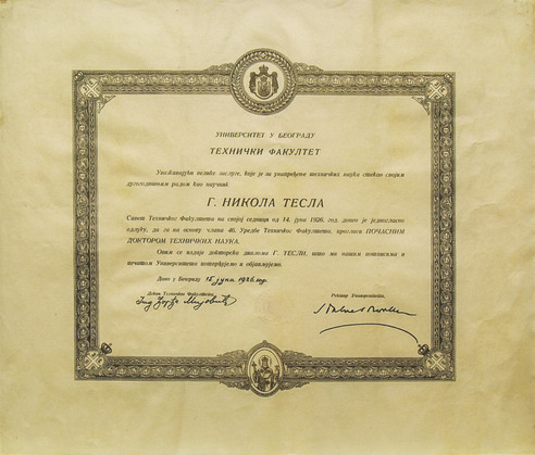 Certificate of honorary doctorate from the University of Belgrade.