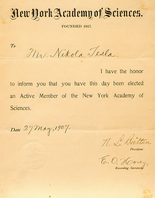 Certificate of membership for the New York Academy of Sciences.
