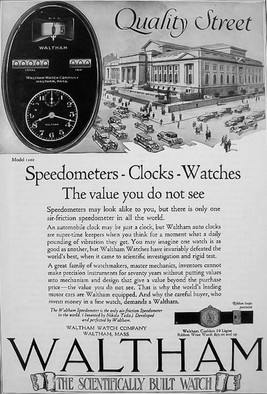 A Waltham Company advertisement featuring the Tesla speedometer.