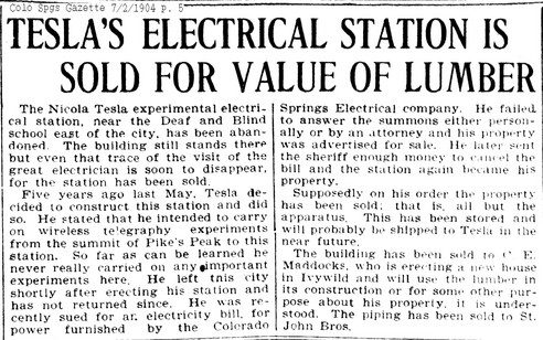 The Colorado Springs Gazette announces the sale of the Colorado Springs Experimental Station.