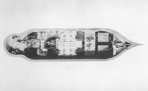 A larger model of Tesla's boat with the deck removed.