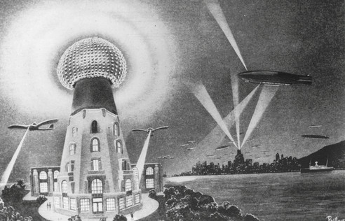 An artist's depiction of Tesla's tower in full operation.